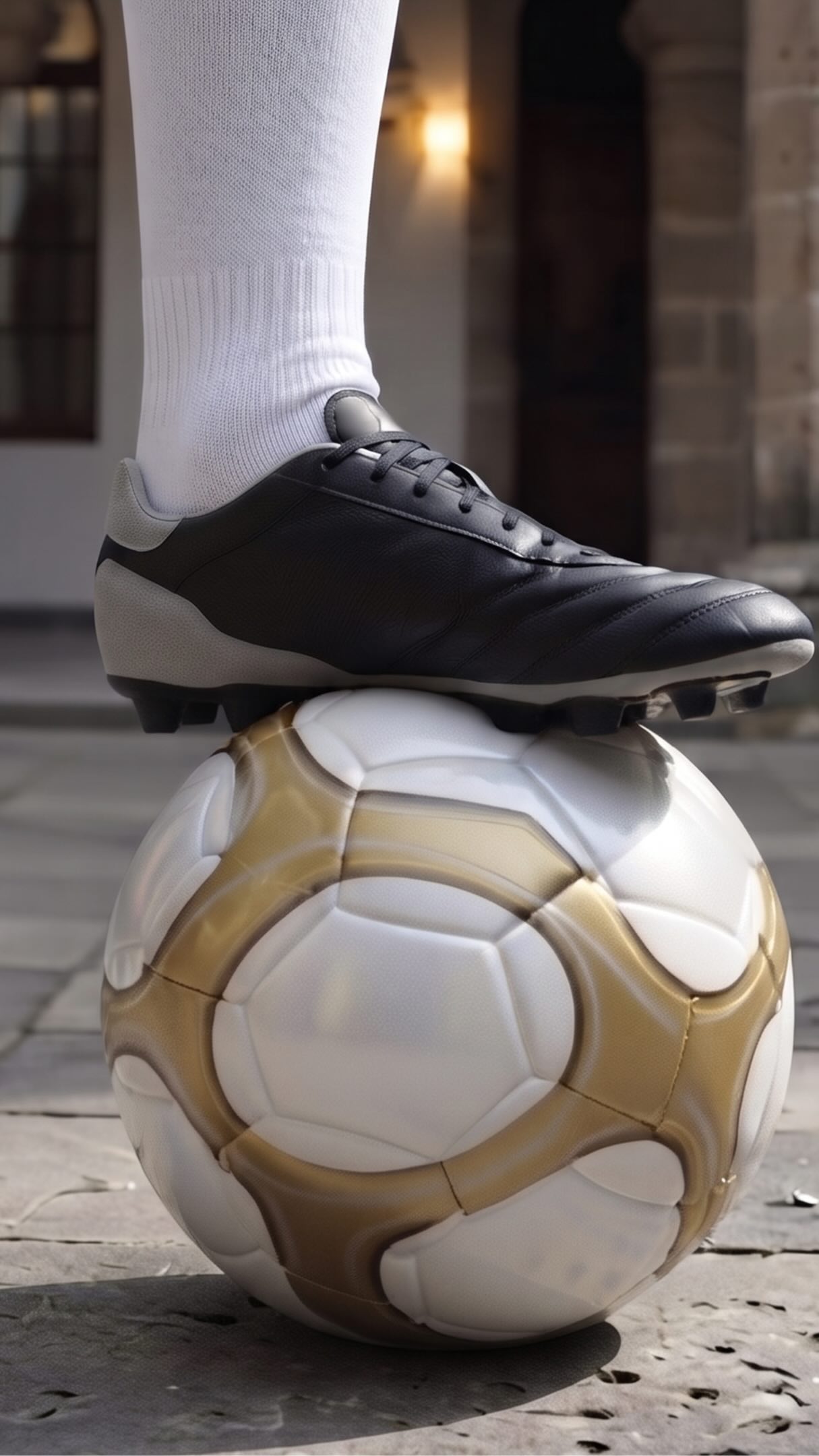 Balón conmemorativo del Mundial 2026 bajo un tachón de fútbol, con los arcos de cantera del Ex Convento desenfocados de fondo